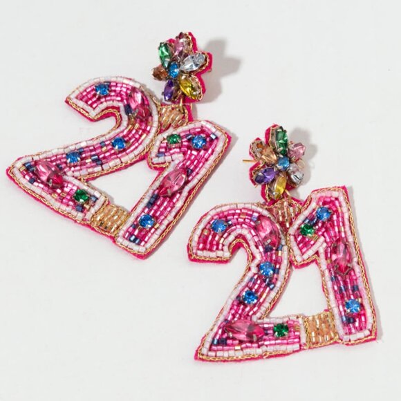 21st Birthday Premium Beaded Crystal Accent Pink Multi 21 Earrings - Picture 2 of 2